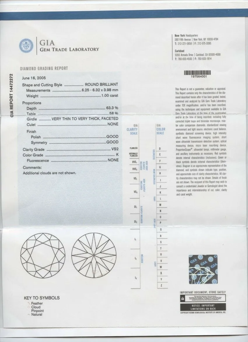 1.00 Carat Loose K / VS2 Round Brilliant Cut Diamond GIA Certified
