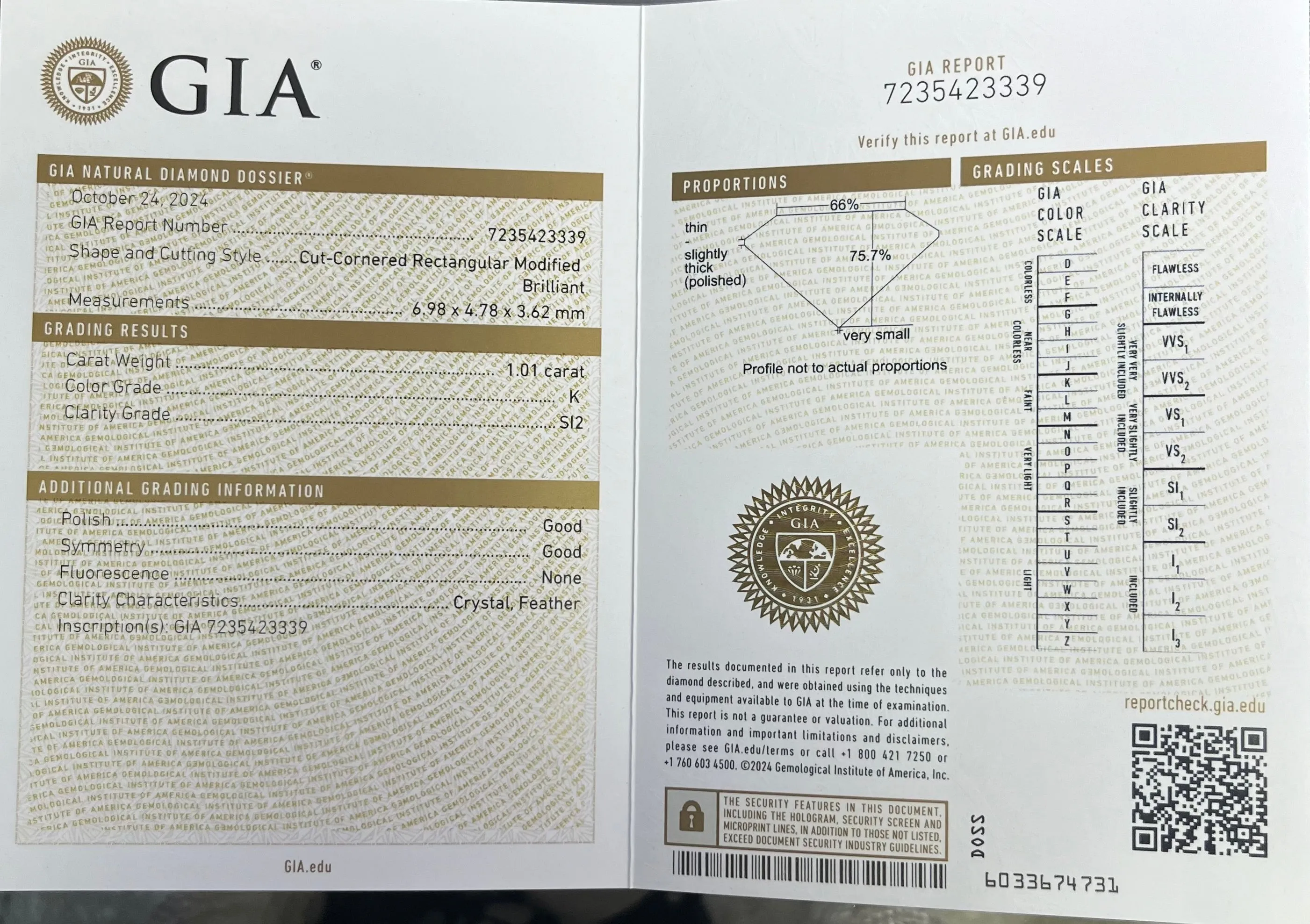 1.01ct K SI2 Rectangular Cut Loose Diamond Certified By GIA #7235423339