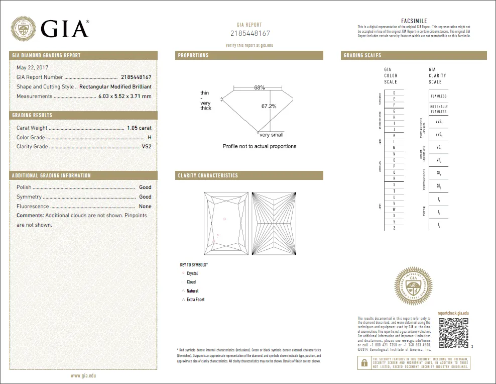 1.05 Carat Loose H / VS2 Rectangular Modified Brilliant Diamond GIA Certified