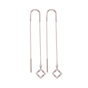 10K Rose Gold Round Diamond Diagonal Square Dangle Threader Earrings 1/10 Cttw