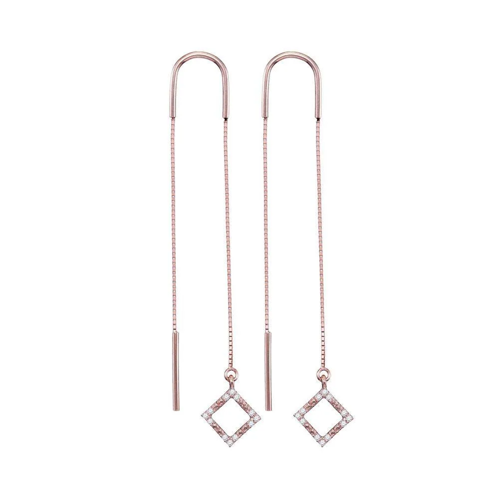 10K Rose Gold Round Diamond Diagonal Square Dangle Threader Earrings 1/10 Cttw