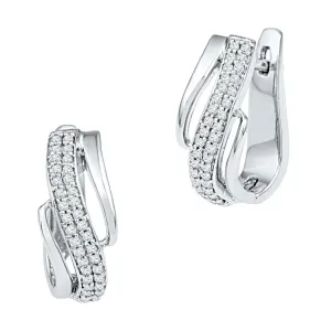 10K White Gold Round Diamond Diagonal Double Row Hoop Earrings 1/4 Cttw