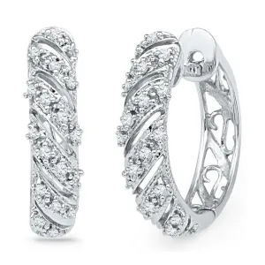 10K White Gold Round Diamond Diagonal Stripe Hoop Earrings 1/6 Cttw