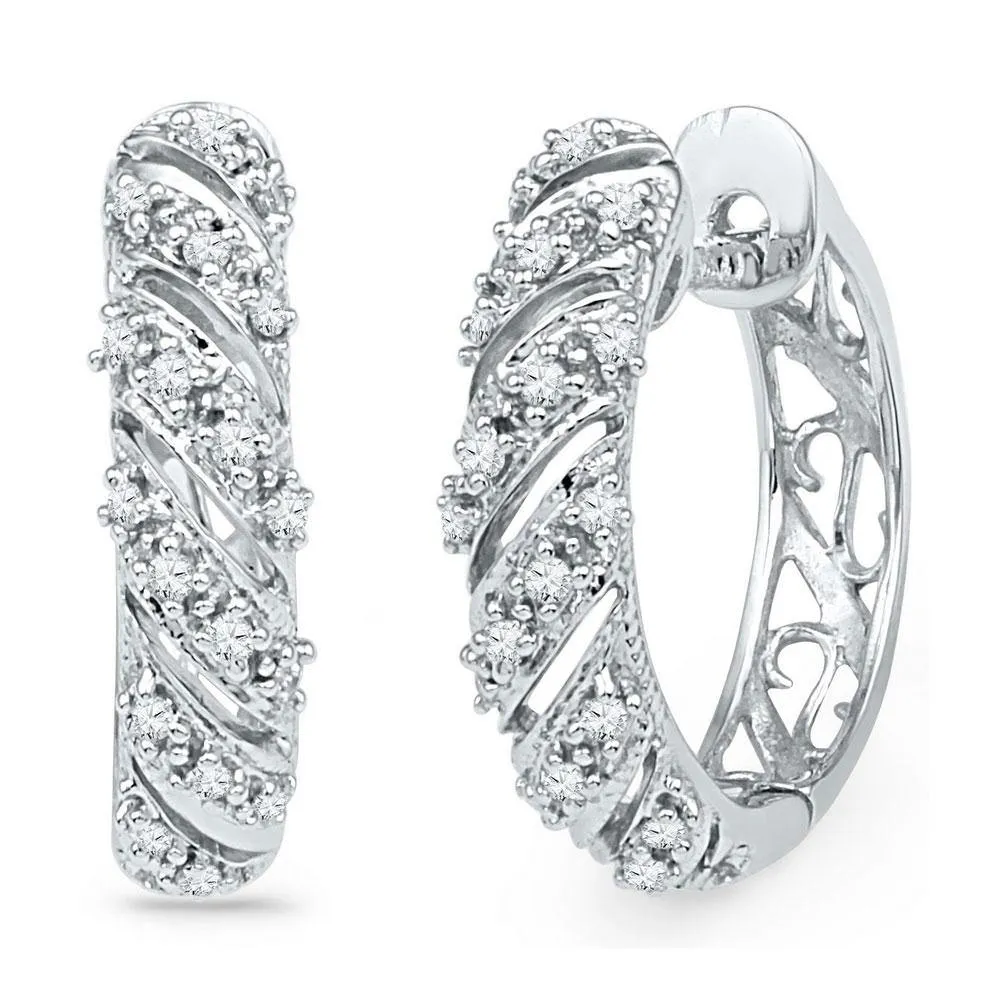 10K White Gold Round Diamond Diagonal Stripe Hoop Earrings 1/6 Cttw
