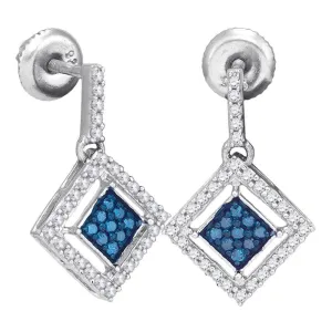 10kt White Gold Womens Round Blue Color Enhanced Diamond Diagonal Square Dangle Earrings 1/2 Cttw