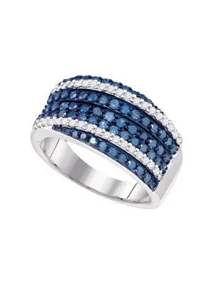 10kt White Gold Womens Round Blue Color Enhanced Diamond Double Diagonal Stripe Band 1 Cttw