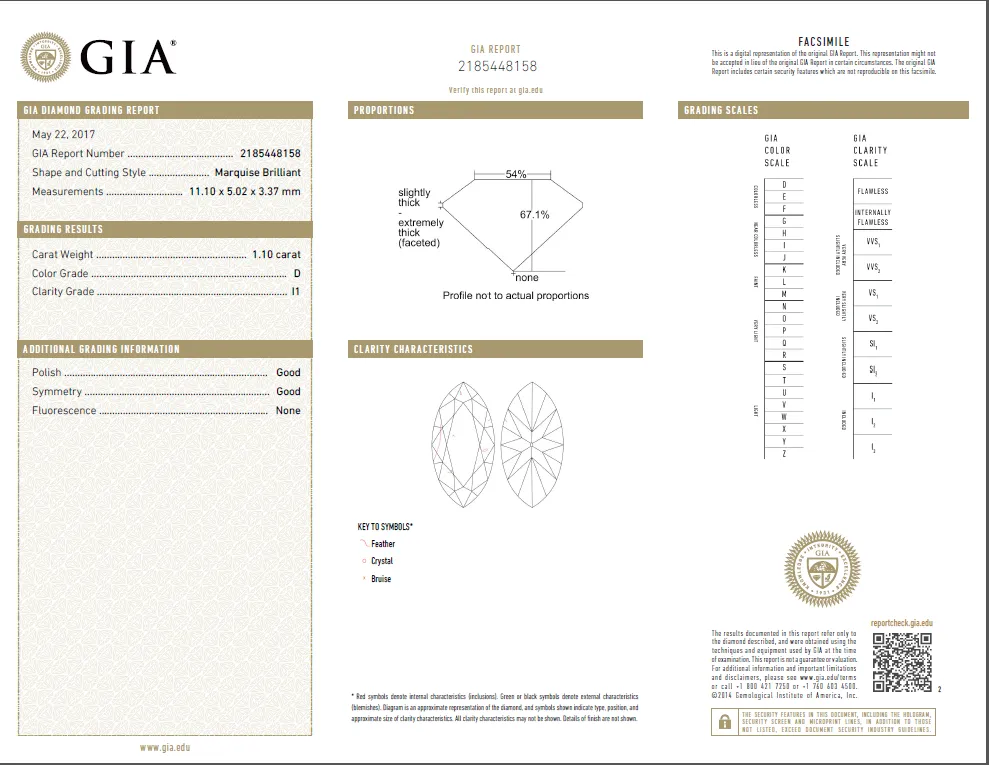 1.10 Carat Loose D / I1 Marquise Brilliant Cut Diamond GIA Certified