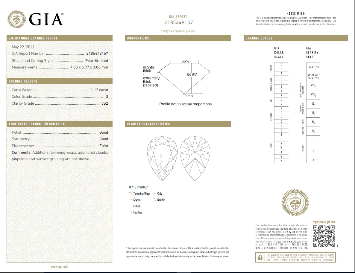 1.12 Carat Loose G / VS2 Pear Shaped Cut Diamond GIA Certified