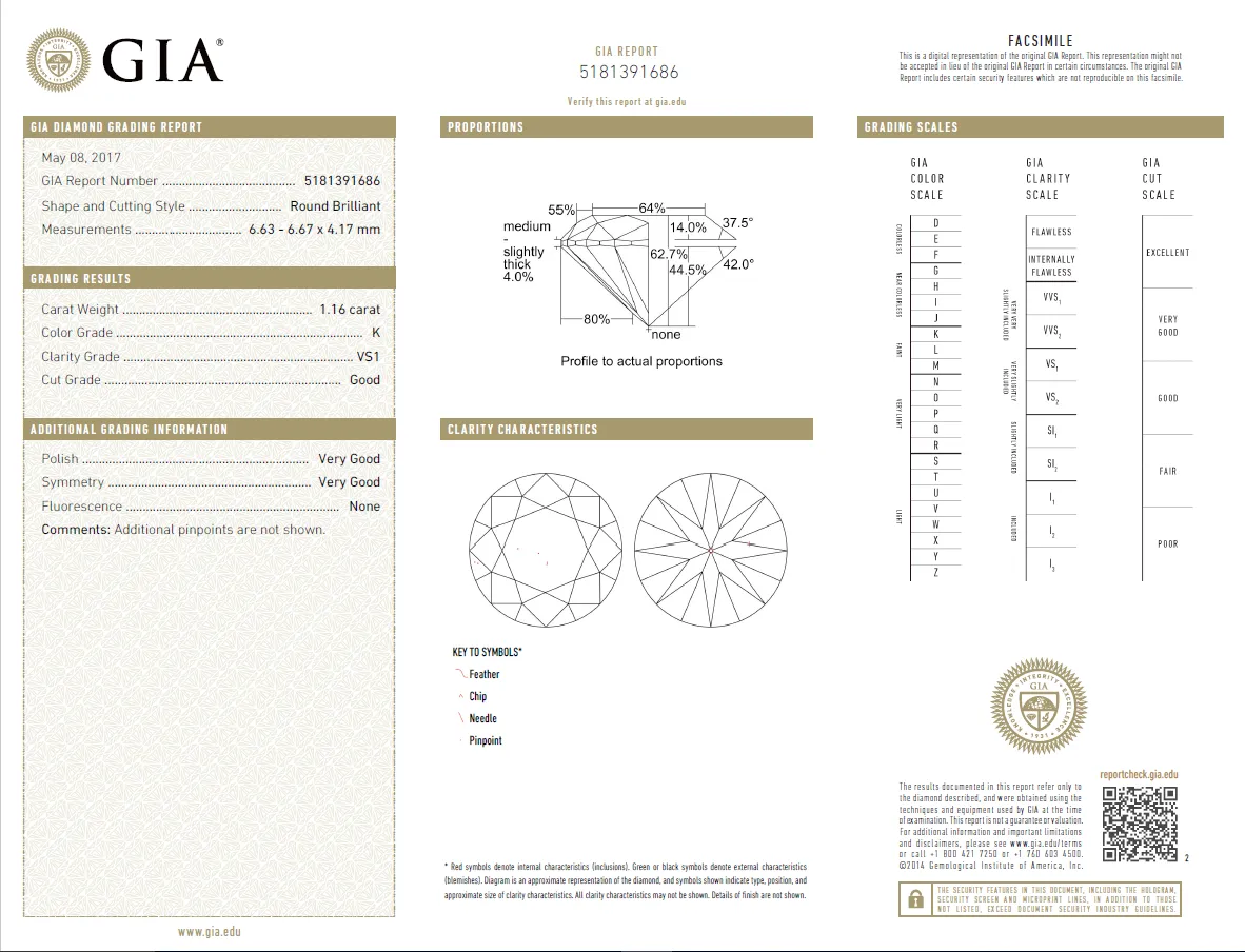 1.16 Carat Loose K / VS1 Round Brilliant Cut Diamond GIA Certified
