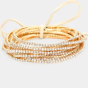 12 Clear Rhinestone Layered Stretch Pageant Bracelets on Gold  | Fun Fashion Bracelets |  555995