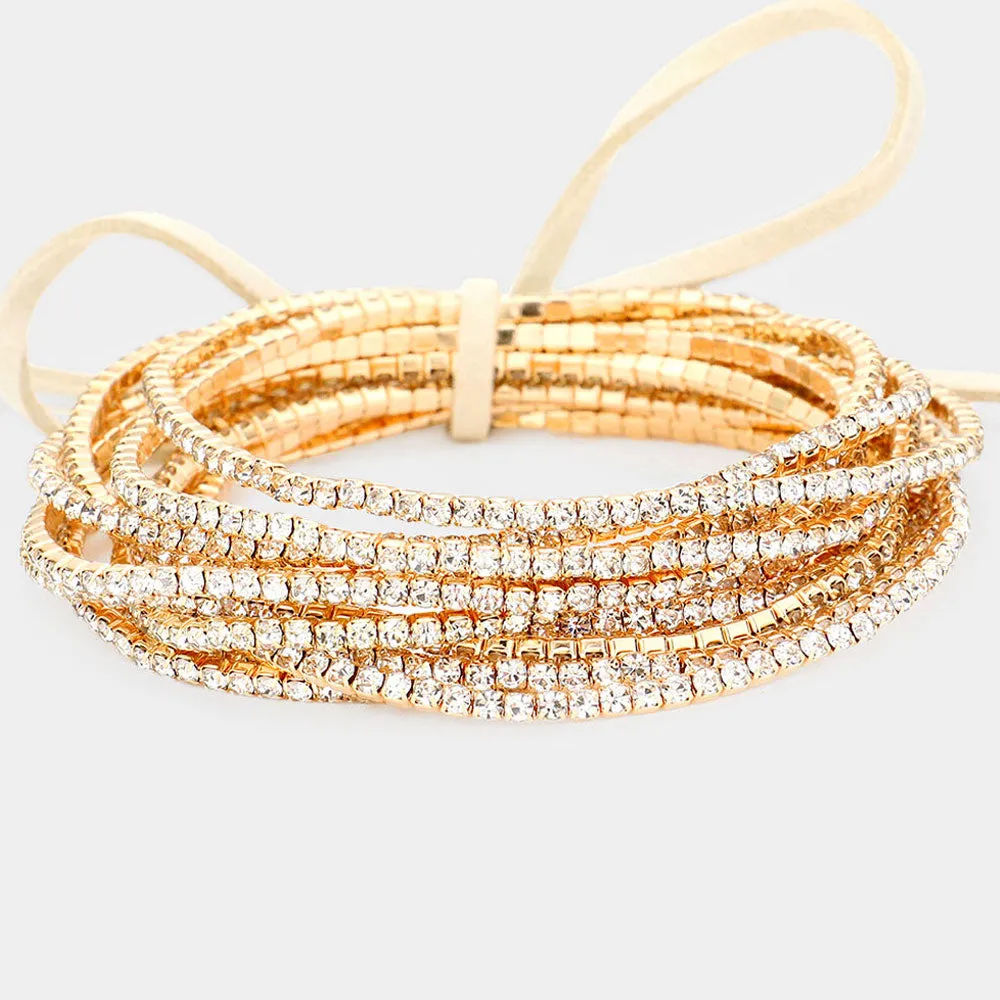 12 Clear Rhinestone Layered Stretch Pageant Bracelets on Gold  | Fun Fashion Bracelets |  555995
