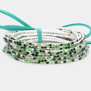 12 Light Green Rhinestone Layered Stretch Pageant Bracelets on Silver  | Fun Fashion Bracelets |  590185
