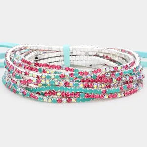 12 Multi-Color Rhinestone Layered Stretch Pageant Bracelets on Silver   | Fun Fashion Bracelets |  590181