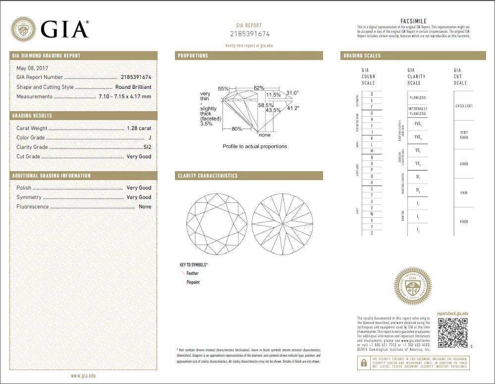 1.28 Carat Loose J / SI2 Round Brilliant Cut Diamond GIA Certified