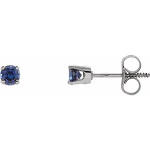 14K White 3 mm Round Imitation Blue Sapphire Youth Birthstone Earrings