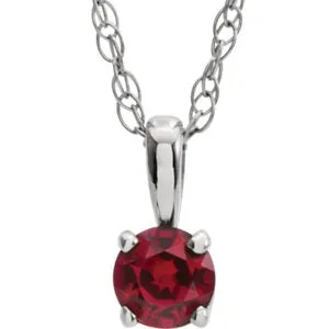 14K White 3 mm Round July Imitation Ruby Youth Birthstone 14" Necklace