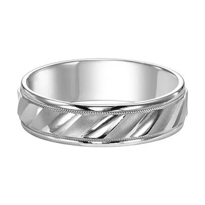14k White Gold Diagonal cut Band with Milgrain Border size 10