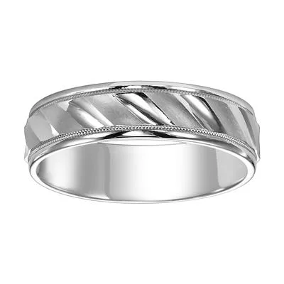 14k White Gold Diagonal cut Band with Milgrain Border size 10