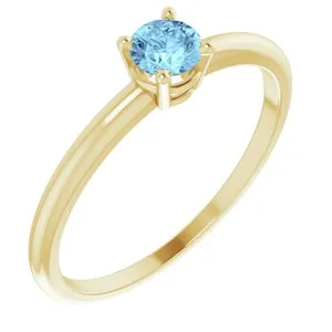 14K Yellow 3 mm Round Imitation Aquamarine Birthstone Ring Size 3