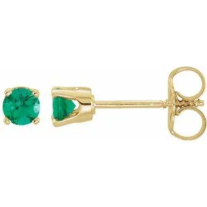 14K Yellow 3 mm Round Imitation Emerald Youth Birthstone Earrings