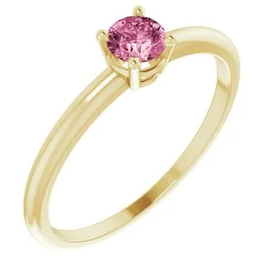 14K Yellow 3 mm Round Imitation Pink Tourmaline Birthstone Ring Size 3