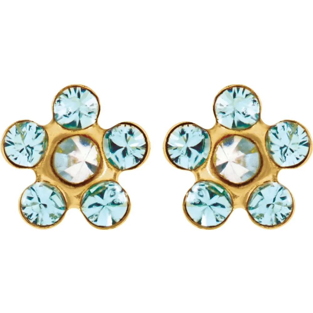 14k Yellow Gold Imitation "March" Youth Birthstone Flower Inverness Piercing Earrings