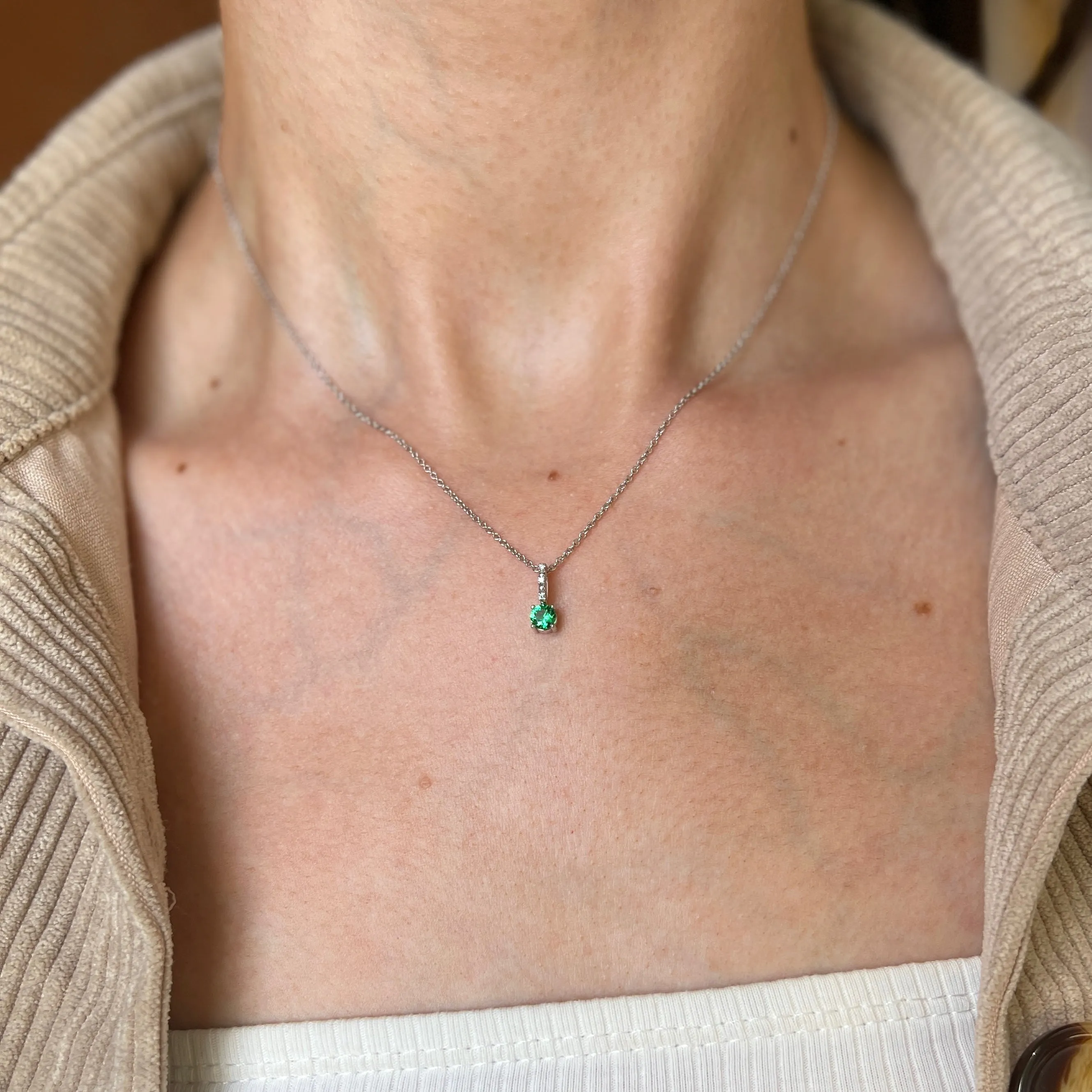 14KT White Gold Round Imitation Emerald   Diamond Pendant Slide