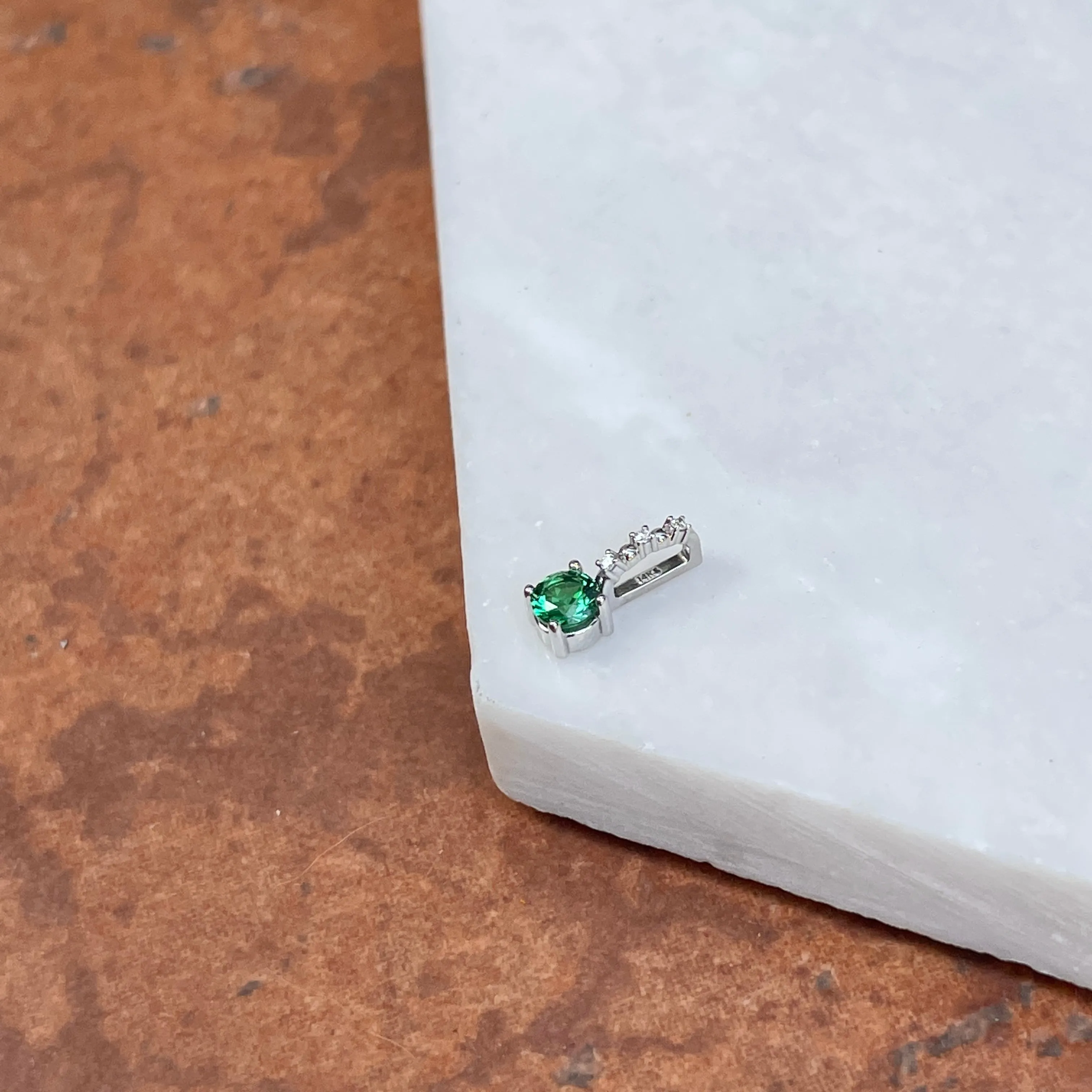 14KT White Gold Round Imitation Emerald   Diamond Pendant Slide