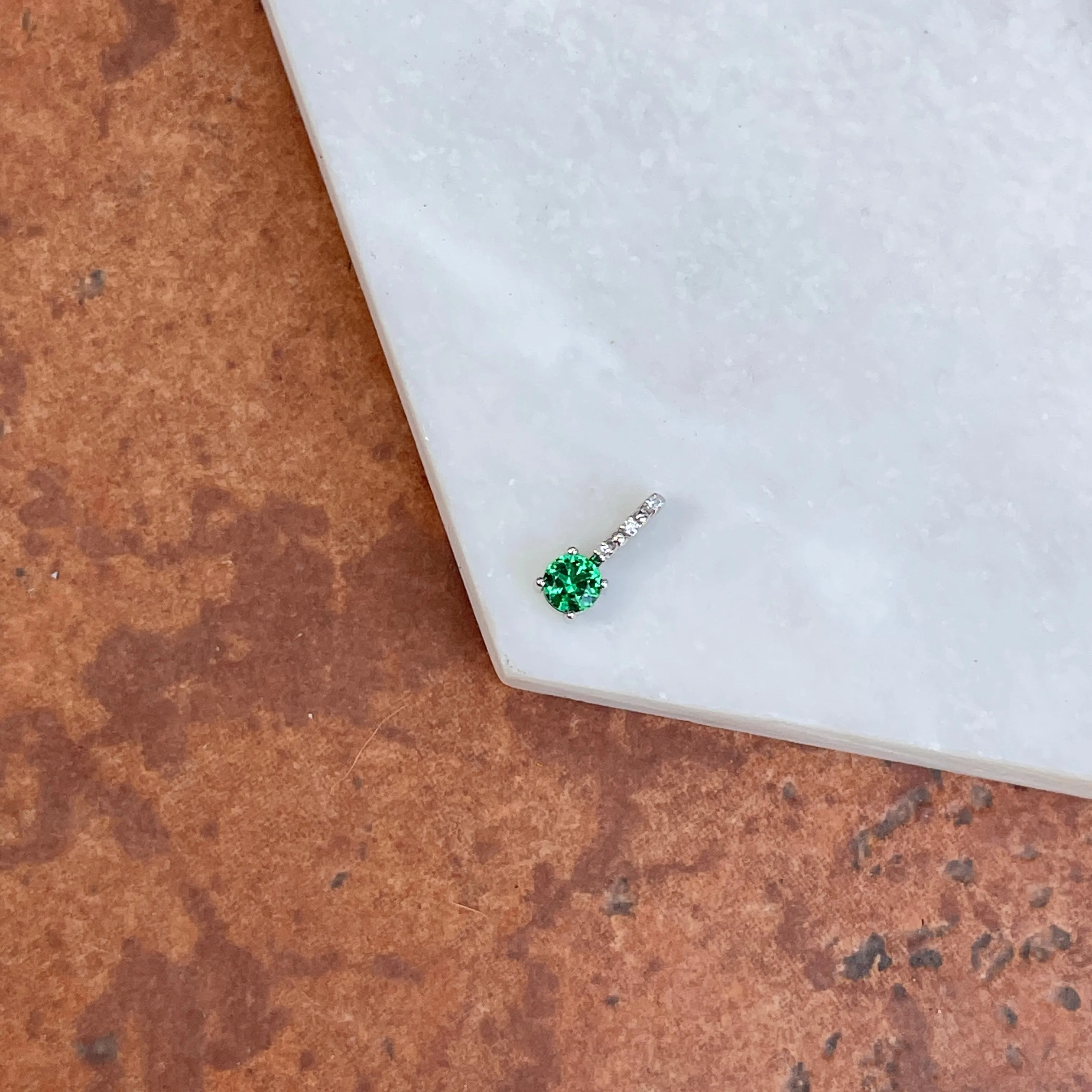 14KT White Gold Round Imitation Emerald   Diamond Pendant Slide