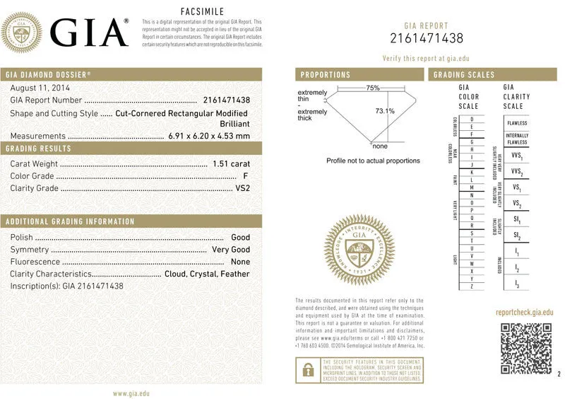 1.51ct F VS2 Radiant cut Diamond GIA Certified