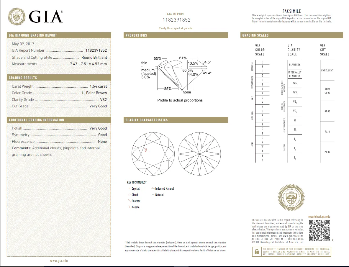 1.54 Carat Loose L / VS2 Round Brilliant Cut Diamond GIA Certified