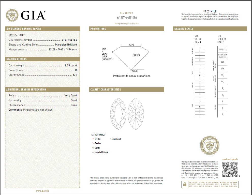 1.58 Carat Loose D / SI1 Marquise Brilliant Cut Diamond GIA Certified