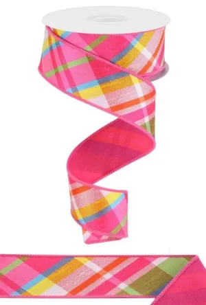 1.5" Diagonal Plaid/Pg Fused Back: Hot Pink, Turq, Lime, Yellow (10 Yards) RGX0050AW