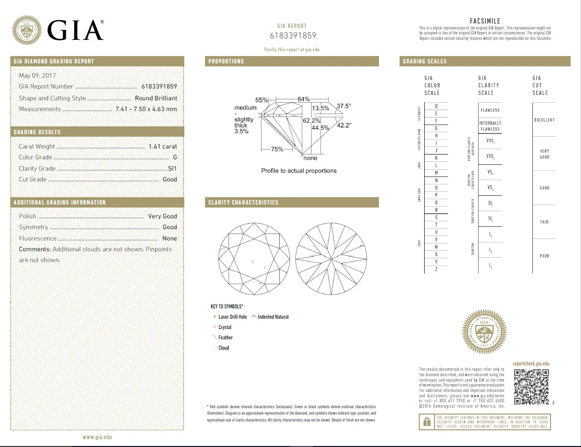 1.61 Carat Loose G / SI1 Round Brilliant Cut Diamond GIA Certified