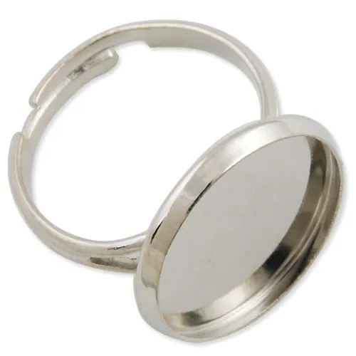 16MM Round Adjustable Shallow bottom Imitation Rhodium  plated Ring Base Setting Pendants With 16 MM round Pad,Sold 50PCS Per Package