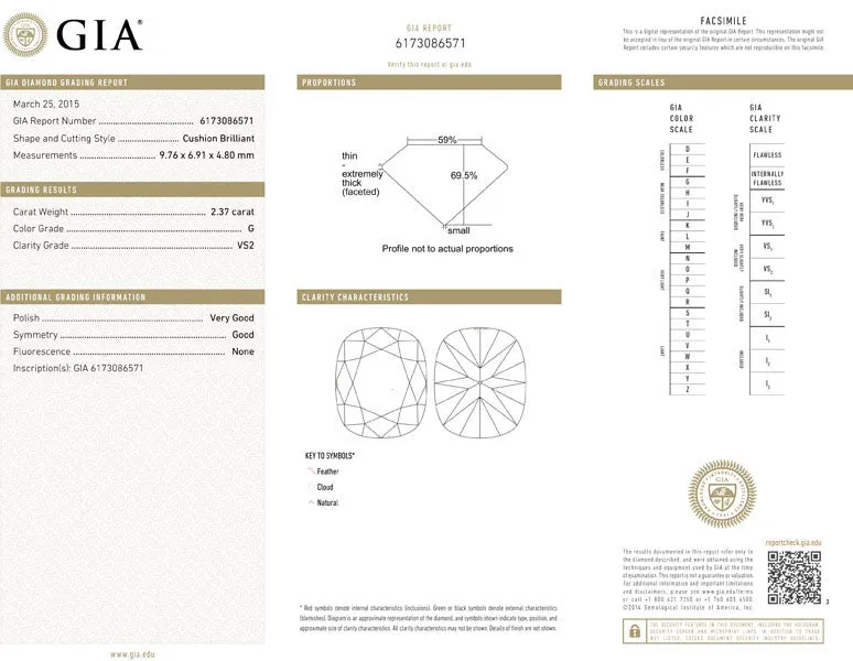 2.37 carat G VS2 Cushion Brilliant cut Diamond GIA Certified