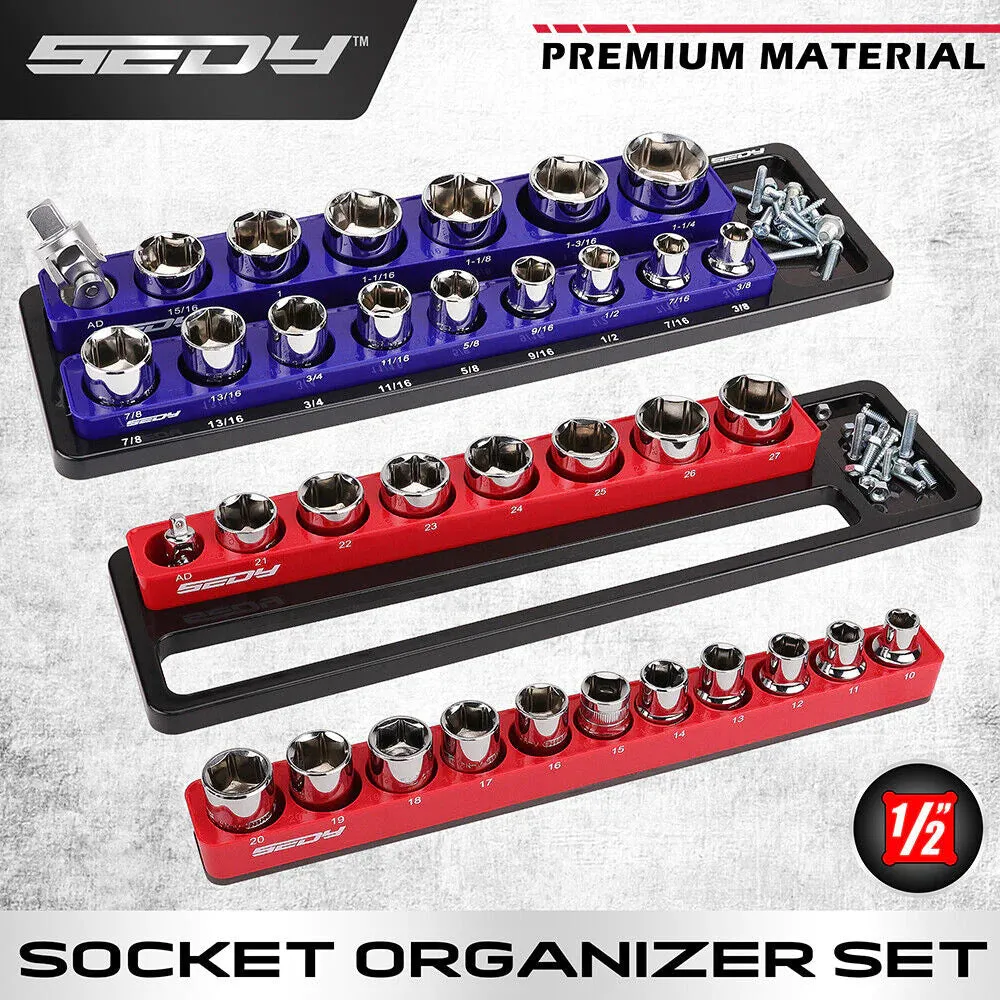 2Pc Magnetic Socket Organizer 1/2" Drive Metric SAE Sockets Storage Holder 35 Slots