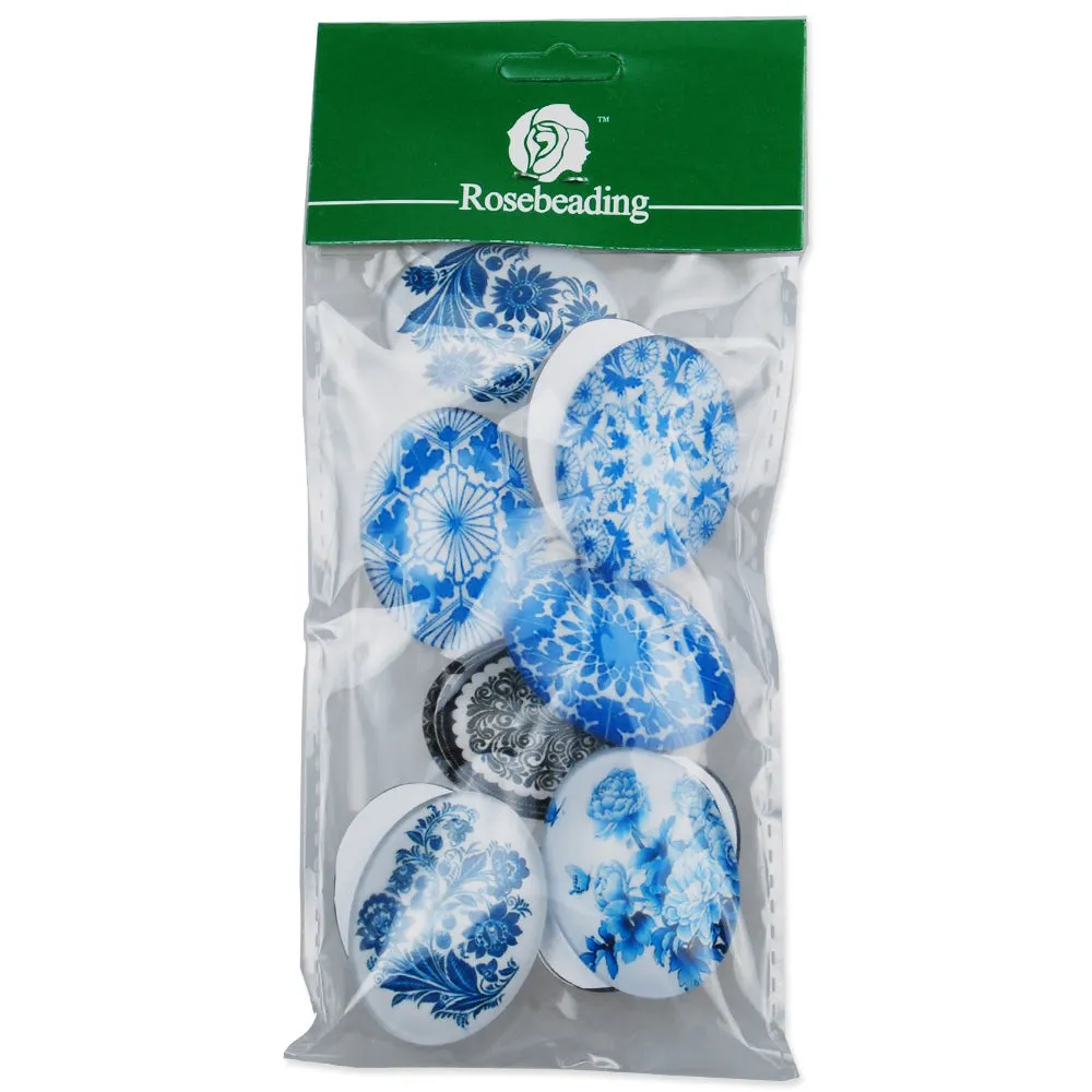 30x40MM Round Colorful glass cabochons,Mix china Blue and white porcelain pattern glass cabochons,flat back,thickness 8.5mm,20 pieces/lot