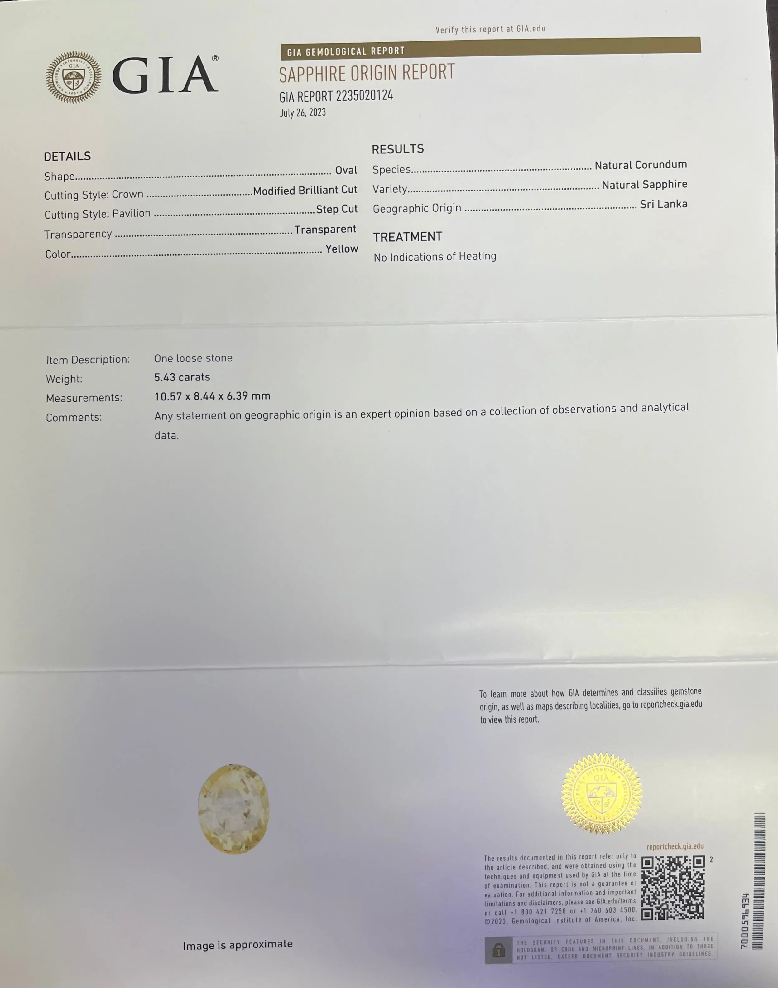 5.43CT YELLOW NATURAL SAPPHIRE TRANPARENT OVAL GIA