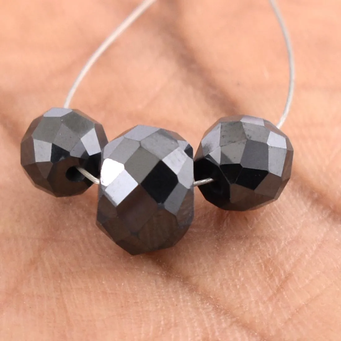 6.60 Ct, Round Cut Jet Black Diamond Drilled Loose Beads- AAA Certified