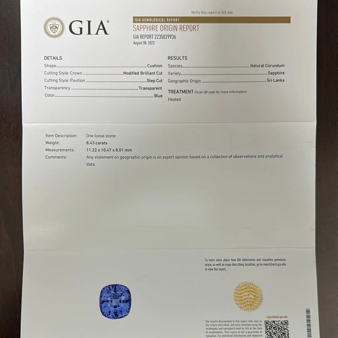 8.43CT BLUE SAPPHIRE TRANPARENT CUSHION GIA