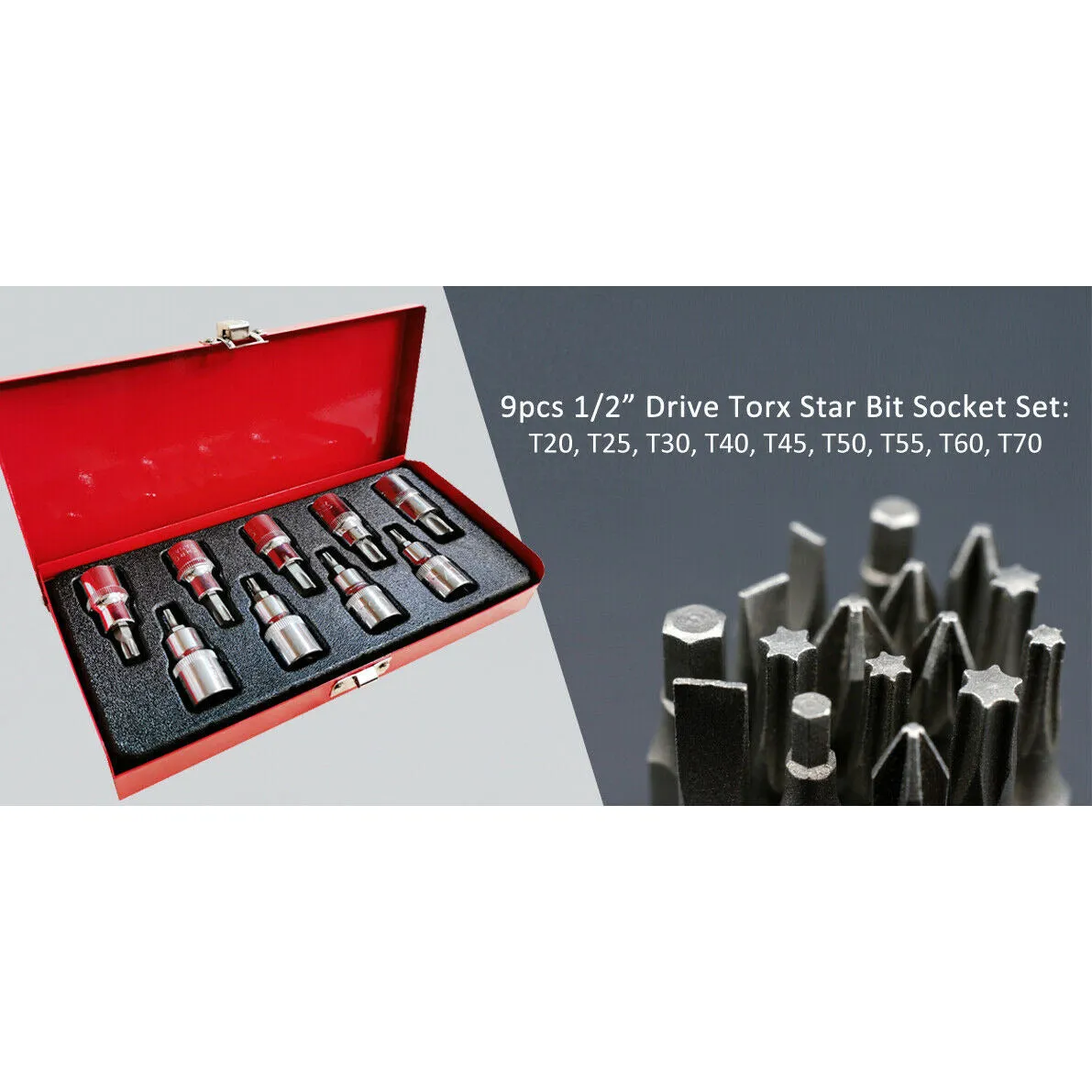 9 piece 1/2" Drive Torx Star Socket BitT20 - T70