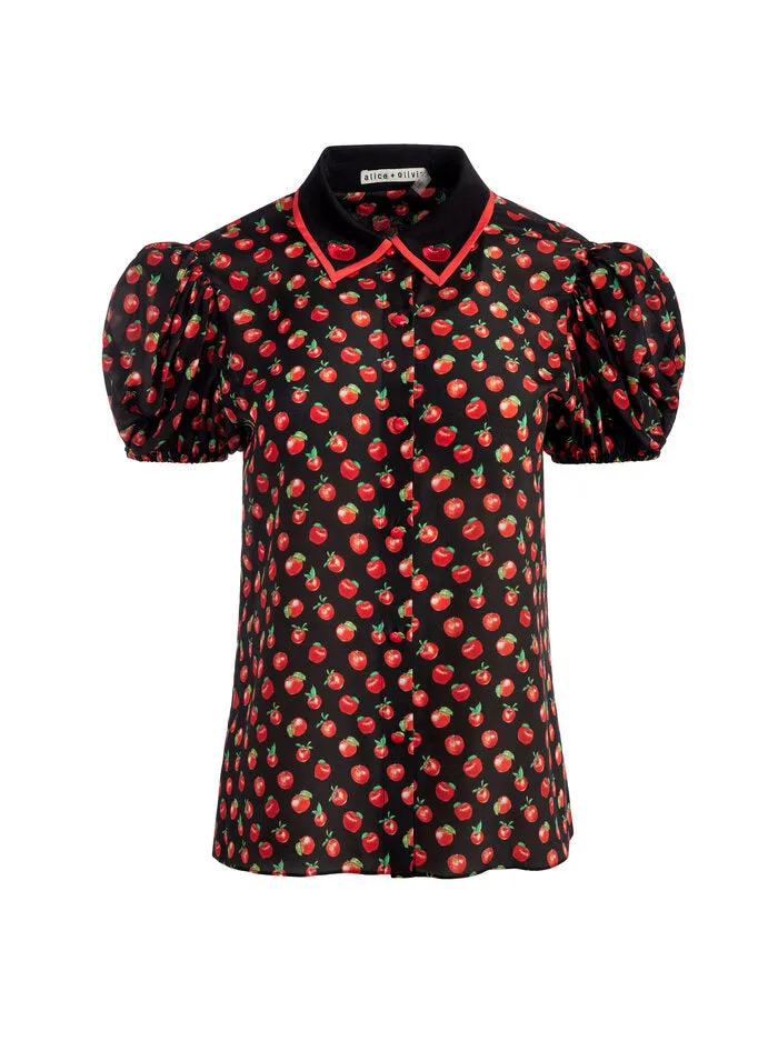 Alice   Olivia - Willa Embroidered Puff Sleeve Blouse - Pink Lady Apple