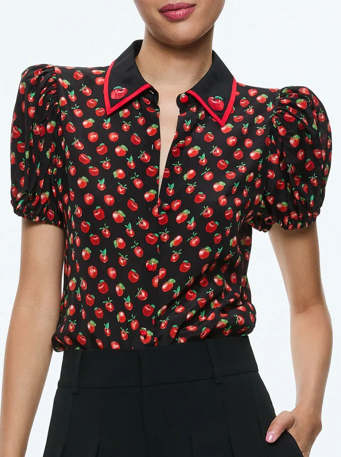 Alice   Olivia - Willa Embroidered Puff Sleeve Blouse - Pink Lady Apple
