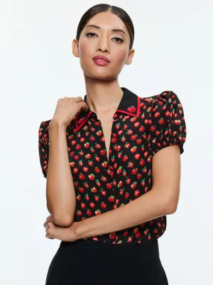 Alice   Olivia - Willa Embroidered Puff Sleeve Blouse - Pink Lady Apple