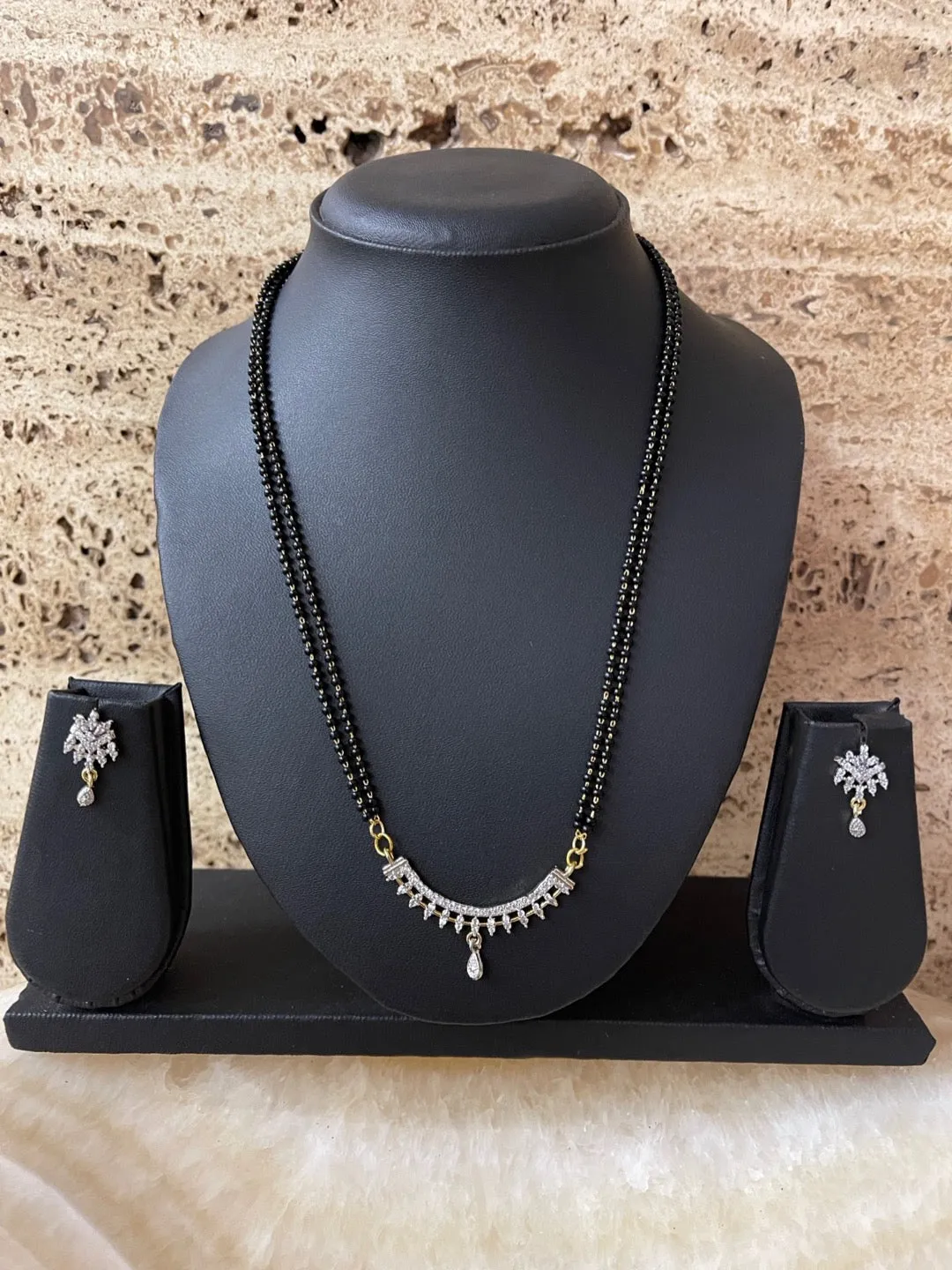 Artificial American Diamond Short Mangalsutra Design With Earrings 2 Line Black Beads Chain