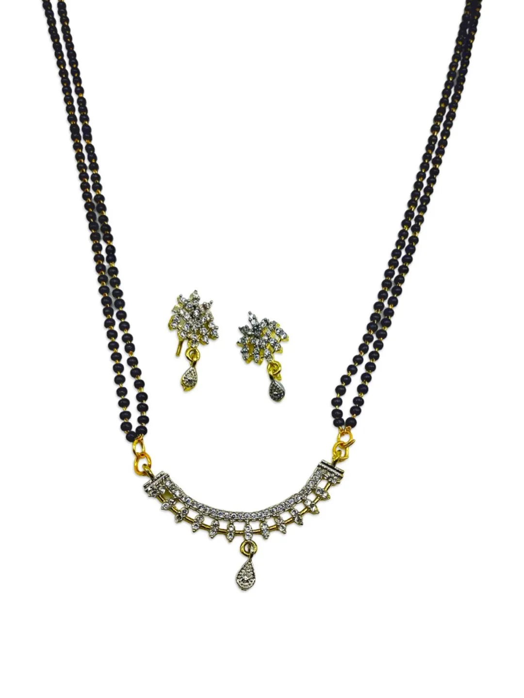 Artificial American Diamond Short Mangalsutra Design With Earrings 2 Line Black Beads Chain