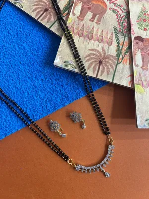 Artificial American Diamond Short Mangalsutra Design With Earrings 2 Line Black Beads Chain