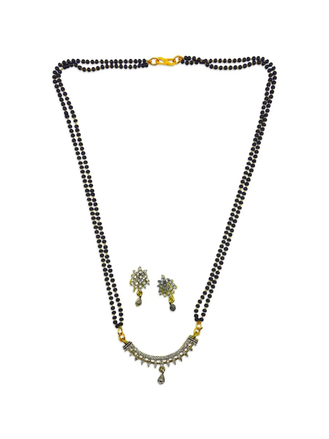 Artificial American Diamond Short Mangalsutra Design With Earrings 2 Line Black Beads Chain