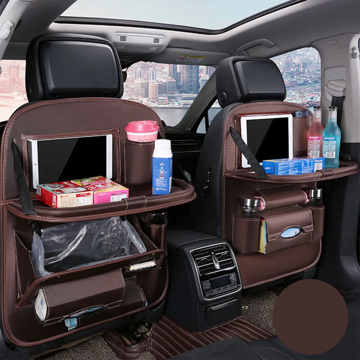 Backseat Organizer With Tablet Holder PU Leather, Custom Fit For Your Cars, Backseat Car Organizer, Car Seat Back Protectors Kick With Foldable Table Tray Car Seat Organizer, Car Accessories MC15987